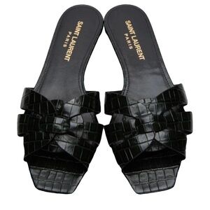Saint Laurent Black Croc-Embossed Sandals
